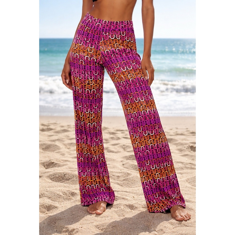 $162 NWT TRINA TURK Sz L ECHO PULL-ON WIDE-LEG SWIM COVER-UP PANTS MULTI
